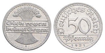 Германия 50 пфеннигов 1921 A KM 27, J. 301 алюминий aUNC 4646-1135