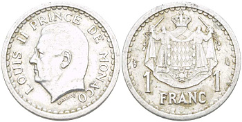 Монако 1 франк 1943 Луи II (1922-1949) KM 120 алюминий 4513-922