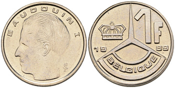 Бельгия 1 франк 1989 Belgique, Бодуэн I (1951-1993) KM 170 железо плакированное никелем UNC 192-468