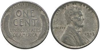 США 1 цент 1943 Авраам Линкольн KM 132 a сталь покрытая цинком 214-418