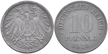 ГЕРМАНИЯ 10 ПФЕННИГОВ 1919 KM 26, J. 299 цинк 4589-211
