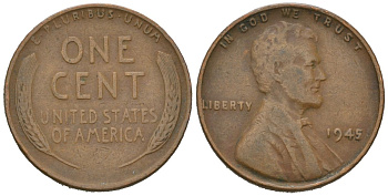 США 1 цент 1945 Авраам Линкольн  KM A132 латунь 211-1257