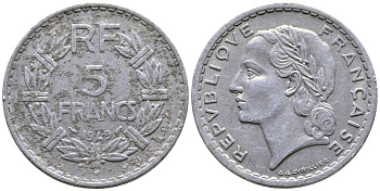 Франция 5 франков 1949 тип Лаврийе KM 888b.1, LE FRANC 339.17 алюминий 73-422