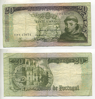 Португалия 20 эскудо 1964 Антоний Падуанский Pick 167 b бумага 7552-33-2