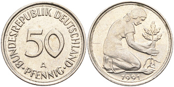 ФРГ 50 пфеннигов 1991 A KM 109, J. 384 медно-никель 4132-1213