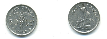 Бельгия 50 сантимов 1922 Belgique, Альберт I (1910-1934) KM 87 никель 80-931