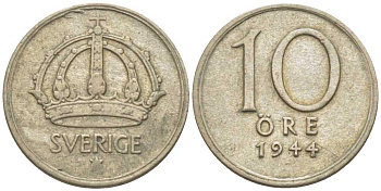 Швеция 10 эре 1944 G, Густав V (1907-1950) KM 813 серебро 116-1165