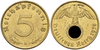 Германия 5 рейхспфеннигов 1938 A KM 91, J.363 алюминиевая бронза 4585-652