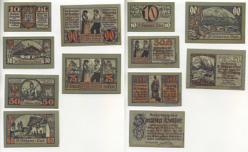 Австрия набор из 6 банкнот 1921 31 марта 1921, нотгельд, 10, 30, 50, 60, 75, 90 геллеров, ST. JAHANN in TIROL, ПЯТЫЙ ВЫПУСК   бумага  aUNC  7555-3-1-2