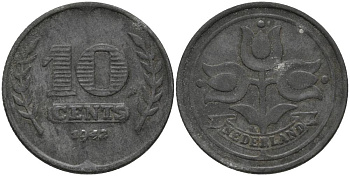 НИДЕРЛАНДЫ 10 ЦЕНТОВ 1942 ГЕРМАНСКАЯ ОККУПАЦИЯ, ВТОРАЯ МИРОВАЯ ВОЙНА KM 173 цинк 181-712