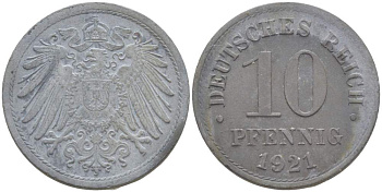 ГЕРМАНИЯ 10 ПФЕННИГОВ 1921 KM 26, J. 299 цинк 4523-314