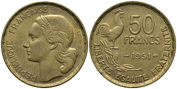 Франция 50 франков 1951 петух KM 918.1, LE FRANC 425.5 алюминиевая бронза 81-643
