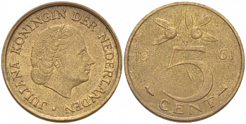 НИДЕРЛАНДЫ 5 ЦЕНТОВ 1961 ЮЛИАНА KM 181 бронза 214-815