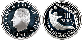 Испания 10 евро 2003 чемпионат мира по футболу в Германии 2006, вратарь, гол, в оригинальной коробке KM 1076 серебро PROOF 4-3-2-10