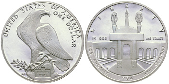США 1 доллар 1984 XXII Олимпийские игры в Лос-Анжелесе, стадион, S KM 210 серебро PROOF 00-00