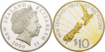 Новая Зеландия 10 долларов 1999-2000 миллениум, позолота KM 122 серебро PROOF 1078-1-13
