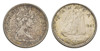 Канада 10 центов 1965 Елизавета II (1952-2022), парусник KM 61 серебро 4623-945