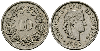Швейцария 10 раппенов 1965 KM 27 медно-никель 4172-513