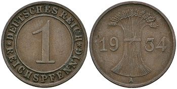 Германия 1 рейхспфенниг 1934 A KM 37, J. 313 бронза 4189-1248