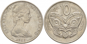 Новая Зеландия 10 центов 1972 Елизавета II (1952-2022), маска маори KM 41.1 медно-никель 212-1134