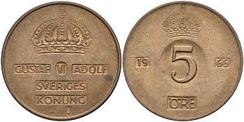 Швеция 5 эре 1966 Густав VI Адольф (1950-1973) KM 822 бронза 4526-1225