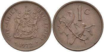 ЮАР 1 ЦЕНТ 1972 ГЕРБ, КАПСКИЕ ВОРОБЬИ KM 82 бронза 4588-1253