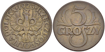 ПОЛЬША 5 ГРОШЕЙ 1923 KM 10, Parchimowicz 103a латунь 216-935