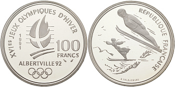 Франция 100 франков 1991 XVI Зимние Олимпийские игры 1992 в Альбервиле, прыжки с трамплина KM 995 серебро PROOF 1091-8-64