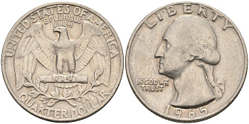 США 25 центов (квотер) 1965 Вышингтон KM 164а медь плакированная медно-никель 4586-617