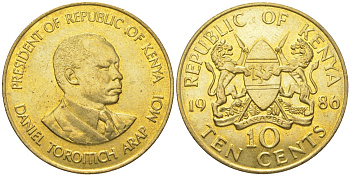 Кения 10 центов 1986 KM 18 никель латунь 4364-3813