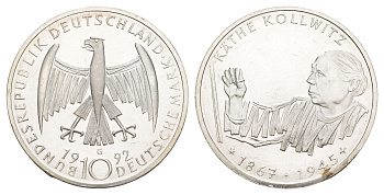 ФРГ 10 марок 1992 G, 125 лет со дня рождения Кете Кольвиц KM 178 серебро UNC 4634-1016