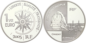 Франция 1 1/2 евро 2003 серия история путешествий, восточный экспресс, в оригинальной коробке KM 2006 серебро  PROOF  3-4-6-05