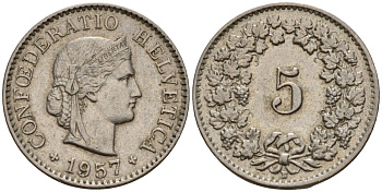 Швейцария 5 раппенов 1957 B KM 26 медно-никель 4189-331