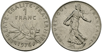 Франция 1 франк 1976 сеятель KM 925.1, Le Franc 226.4 никель 4138-313