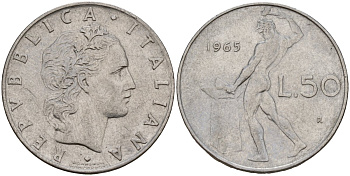Италия 50 лир 1965 R, бог Вулкан у наковальни KM 95.1 нержавеющая сталь 4156-727