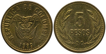 Колумбия 5 песо 1989 KM 280 алюминиевая бронза 4528-254