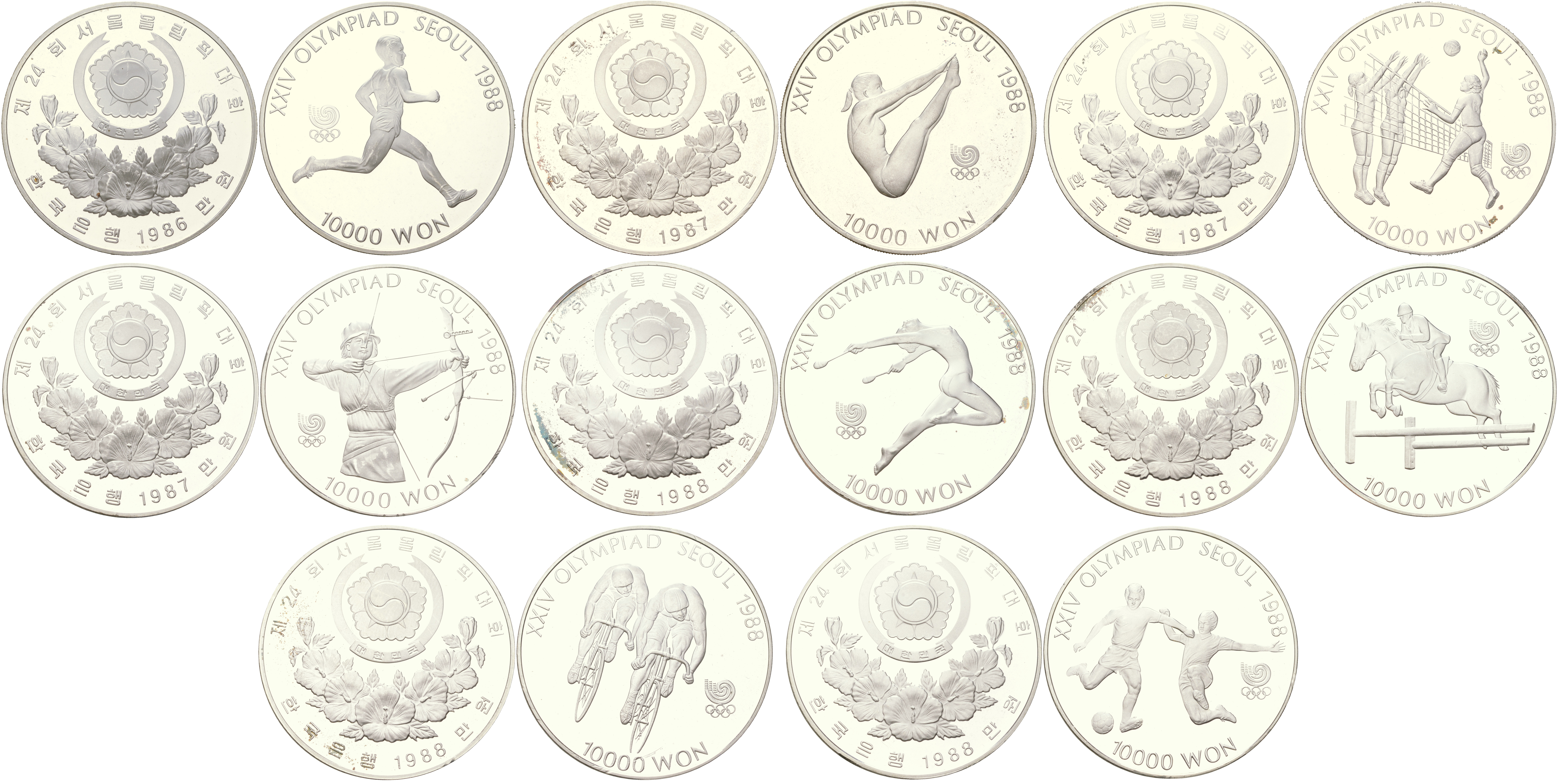 Южная Корея полный набор из 16 монет 1986, 1987 и 1988 XXIV летние Олимпийские Игры, Сеул 1988 KM 54, 55, 56, 57, 60, 61, 62, 63, 66, 67, 70, 71, 74, 75, 76 и 77 серебро PROOF 443-1515-1545