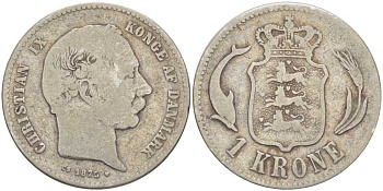 ДАНИЯ 1 КРОНА 1875 H-CS, КРИСТИАН IX KM 797.1 серебро 202-755