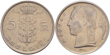 БЕЛЬГИЯ 5 ФРАНКОВ 1974 BELGIE, БОДУЭН I (1951-1993) KM 135.1 медно-никель 213-427