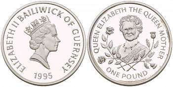 Гернси 1 фунт 1995 Королева Елизавета, королева мать KM 77 серебро PROOF 1094-6-52