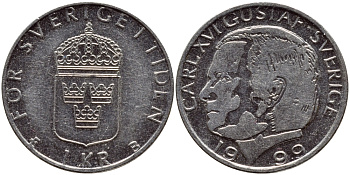 Швеция 1 крона 1999 Карл XVI Густав (1973- ) KM 852a медно-никель 89-732