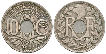 Франция 10 сантимов 1923 KM?866a, Le Franc 138/9 медно-никель 4584-523
