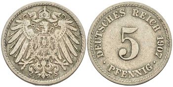 ГЕРМАНИЯ 5 ПФЕННИГОВ 1907 F KM 11, J. 12 медно-никель 105-126