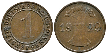 ГЕРМАНИЯ 1 РЕЙХСПФЕННИГ 1929 E KM 37, J. 313 бронза 4380-1159