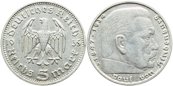 Германия 5 рейхсмарок 1935 D, Пауль фон Гинденбург (1847-1934) KM 86, J. 360 серебро 221-143