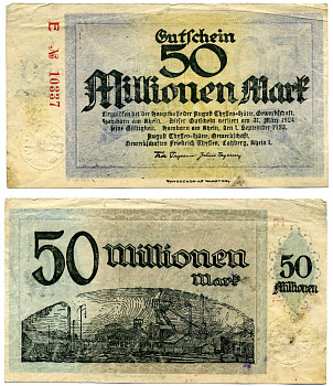 ХАМБОРН 50000000 марок (50 МИЛЛИОНОВ) 1923 1 сентября 1923 - 31 марта 1924, НОТГЕЛЬД, ЗЕМЛЯ СЕВЕРНЫЙ РЕЙН-весТФАЛИЯ, серия E Keller 2106l бумага 2193-34-2-1