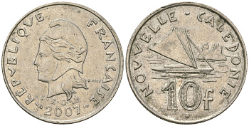 Французская Новая Каледония 10 франков 2007 рыбачья парусная лодка, (IEOM) KM 11a, Schoen 13a, Lec 99k медно-никель 56-437