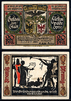 Фюрстенвальде (Пруссия, Бранденбург) 20 пфеннигов 1921 Mehl Grabowski 403.1a-3/15 бумага UNC (пресс) 7555-38-3-1