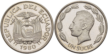 ЭКВАДОР 1 СУКРЕ 1980 АНТОНИО ХОСЕ де СУКРЕ KM 78b сталь плакированная никелем UNC 31-357