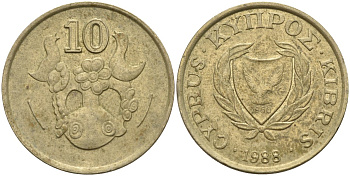 Кипр 10 центов 1988 KM 56.2 никель латунь 4141-1145